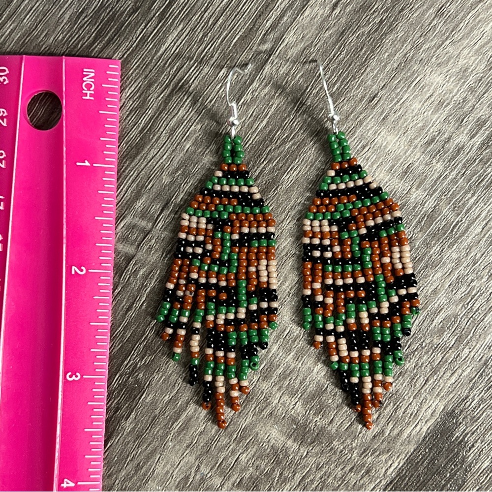 Womens Camo Glass Seed Bead Fringe Tassel Earrings Handmade - Picture 3 of 5
